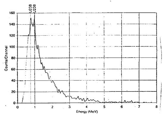 مخطط في شاشة الكشف الخاصة بأحد الكاشفات المعتمدة على النيوترونات تظهر فيه مستويات الطاقة المستخدمة مقابل معدلات الامتصاص ويظهر اكتشاف اليورانيوم النظير 238 المشع