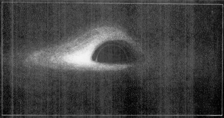 الصورة التي كونها لومينيه عبر المحاكاة التي انشأها للقرص المزود في الثقب الأسود